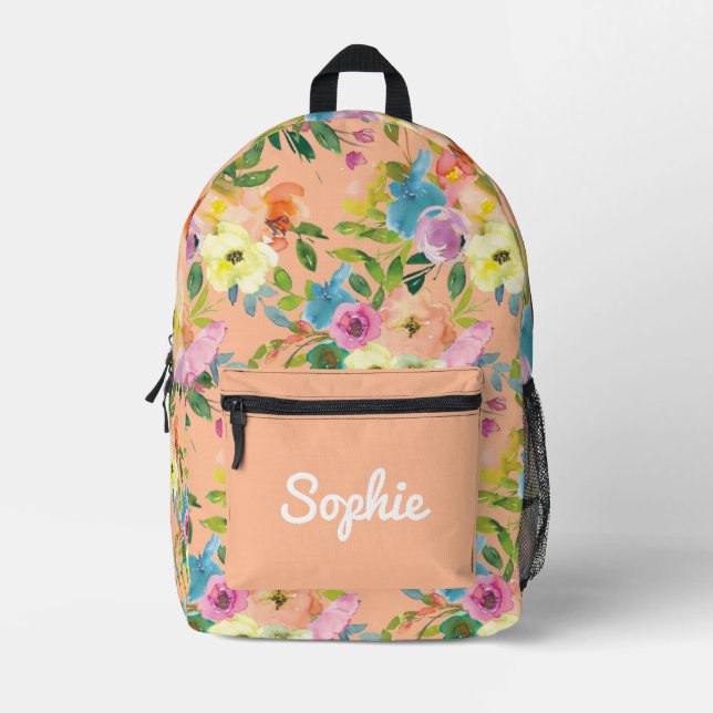 Peach Floral Pattern Personalized Girl Name Printed Backpack (Front)