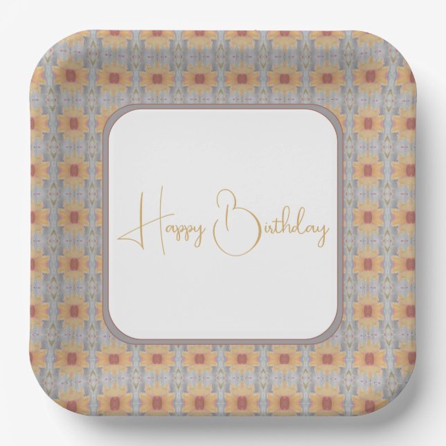 Peach Floral Patterned Square Paper Plate (Front)