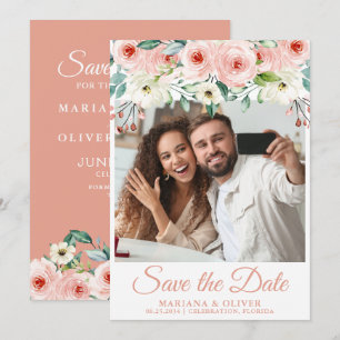 Peach Floral Photo Save the Date Card 