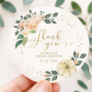 Peach Floral Pumpkin Fall Bridal Shower Favour Classic Round Sticker