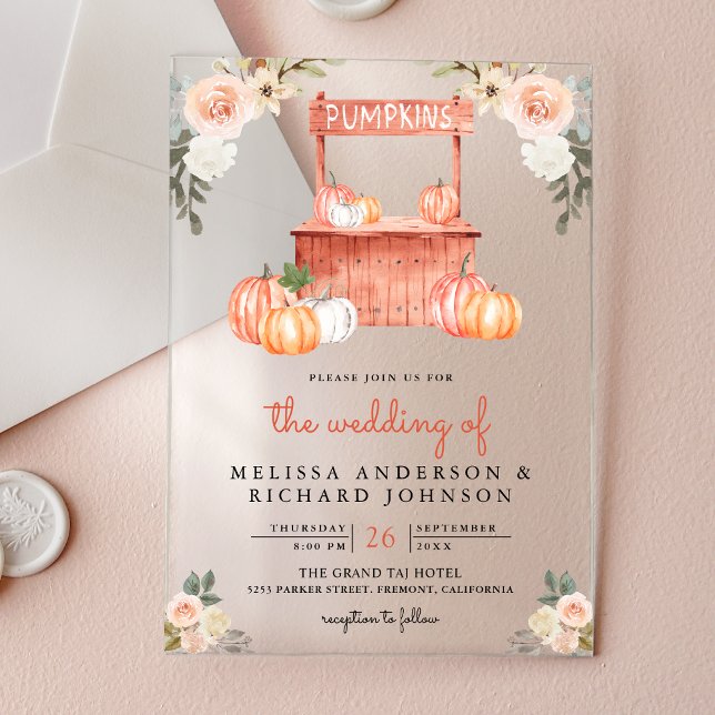 Peach Floral Pumpkin Market Wedding Acrylic Invitations (Creator Uploaded)