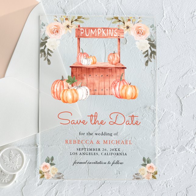 Peach Floral Pumpkin Market Wedding Save the Date Acrylic Invitations (Creator Uploaded)