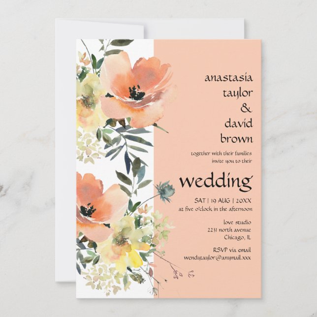 Peach Floral QR Code Wedding Invitation (Front)