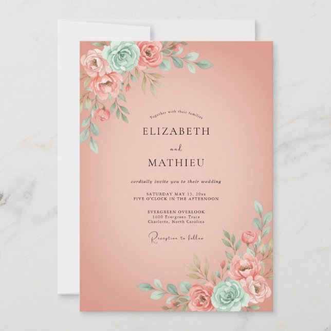 Peach Floral Romantic Flourish Wedding Invitation (Front)