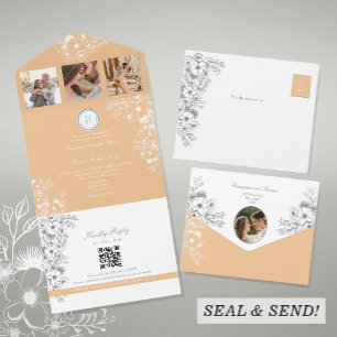 Peach Floral Romantic Wedding QR Code All In One Invitation