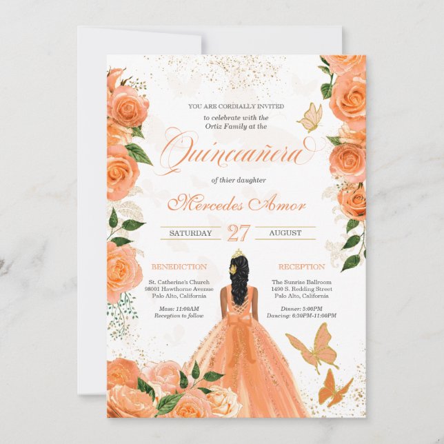 Peach Floral Rose Butterfly Quinceanera Invitation (Front)