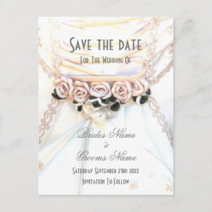 Peach floral rose wedding dress save the date announcement postcard