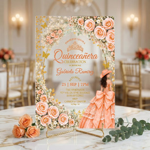 Peach Floral Roses Golden Butterfly Quinceañera Acrylic Invitations