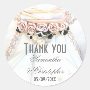 Peach floral roses wedding dress thank you classic round sticker