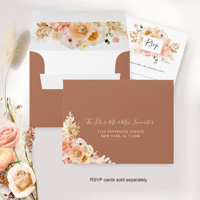 Peach Floral RSVP with Return Address, Terracotta Envelope (Creator Uploaded)