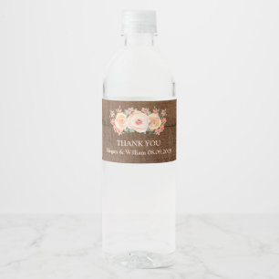 Peach Floral Rustic Wood Custom Water Bottle Label