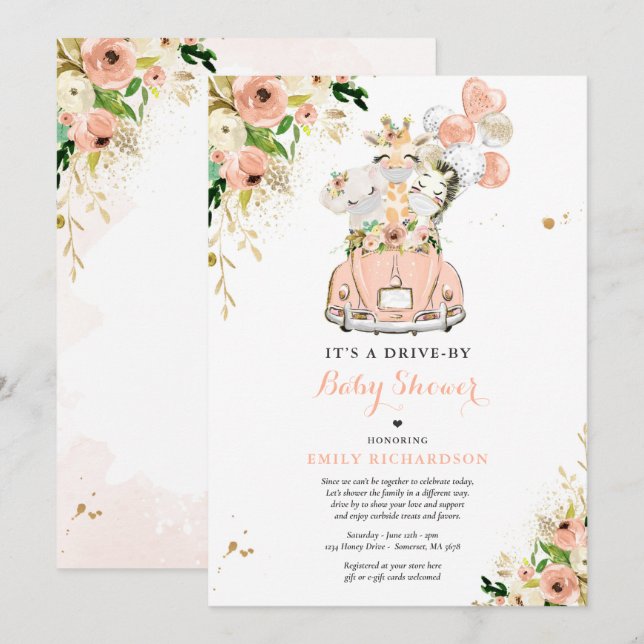 Peach Floral Safari Animals Drive By Baby Shower Invitation (Front/Back)