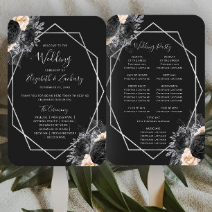 Peach Floral Silver Geo Black Wedding Program Hand Fan