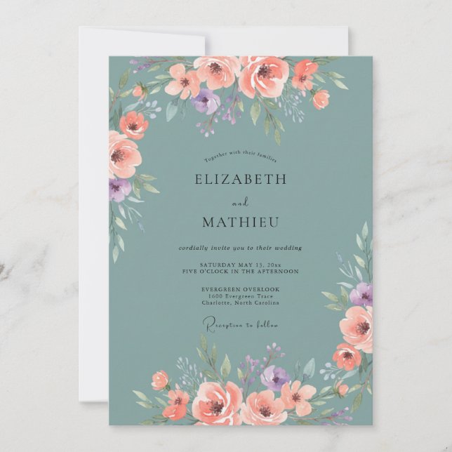 Peach Floral Spring Wedding Invitation (Front)