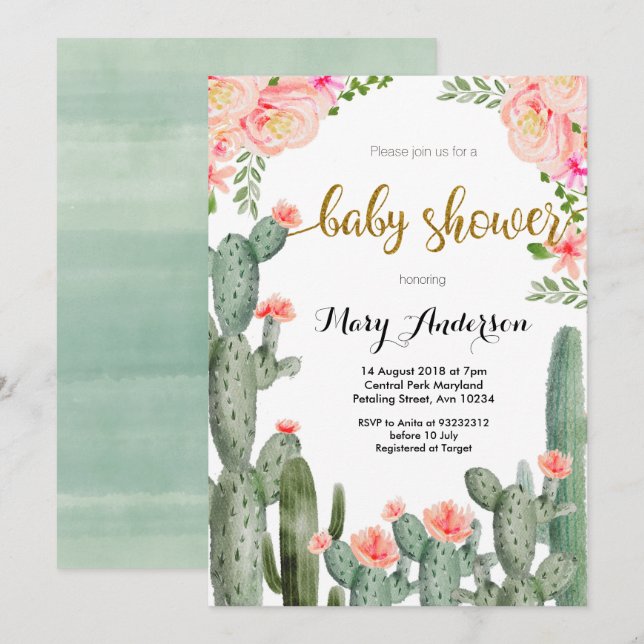 Peach Floral Succulent summer Baby Shower Invitation (Front/Back)