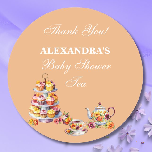 Peach Floral Tea Party Baby Shower Favour  Classic Round Sticker (Creator Uploaded)
