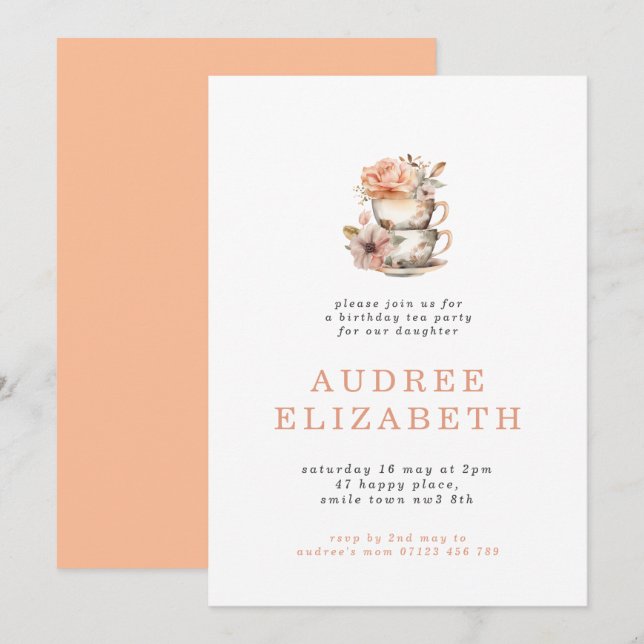 Peach Floral Tea Party Birthday Invitation (Front/Back)