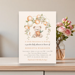 Peach Floral Teddy Bear Baby Shower Invitation 