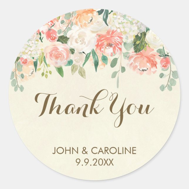 peach floral thank you favours sticker elegant (Front)