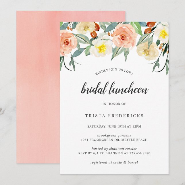 Peach Floral Watercolor Elegant Bridal Luncheon Invitation (Front/Back)