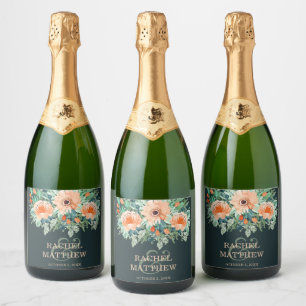 Peach Floral Watercolor on Teal Sparkling Wine Label