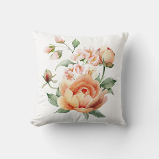 Peach Floral Watercolor Throw Pillow Cover