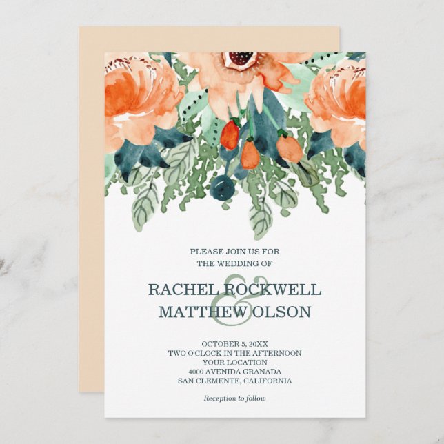Peach Floral Watercolor Wedding Invitation (Front/Back)