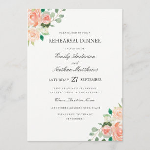 Peach Floral Watercolor Wedding Rehearsal Dinner Invitation