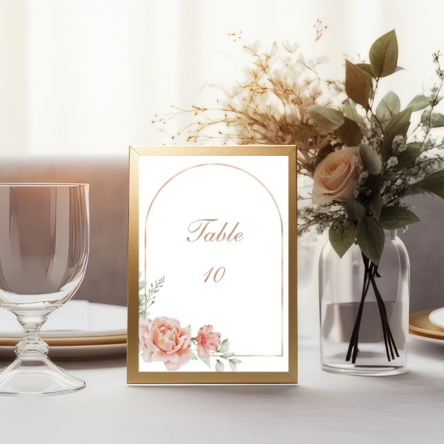 Peach Floral Watercolor Wedding Table Number Cards (Peach watercolor Floral Greenery Rose Gold Arch Wedding Table number cards)