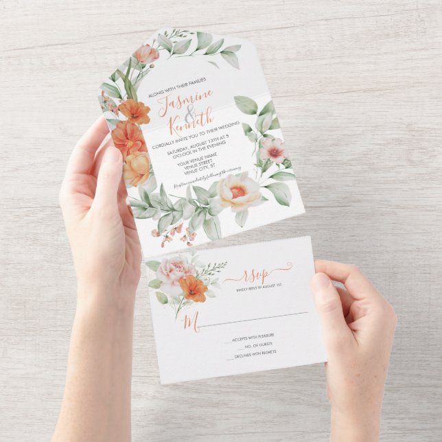 Peach Floral Wedding All In One Invitation (Tearaway)