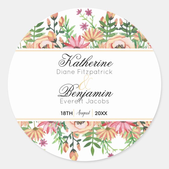 Peach Floral Wedding Classic Round Sticker (Front)