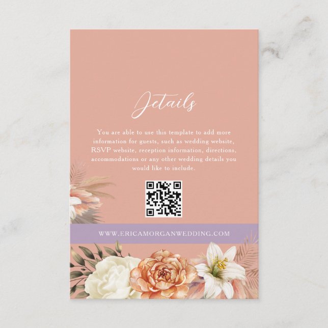 Peach Floral Wedding Details QR Code Card (Front)