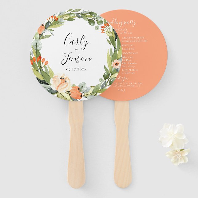 Peach Floral Wedding Hand Fans (Front and Back)