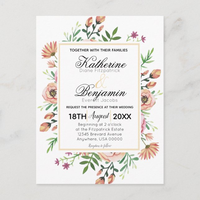 Peach Floral Wedding Invitation Postcard (Front)