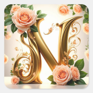 🌷 Peach Floral Wedding Monogram N Decor 🌼 Square Sticker