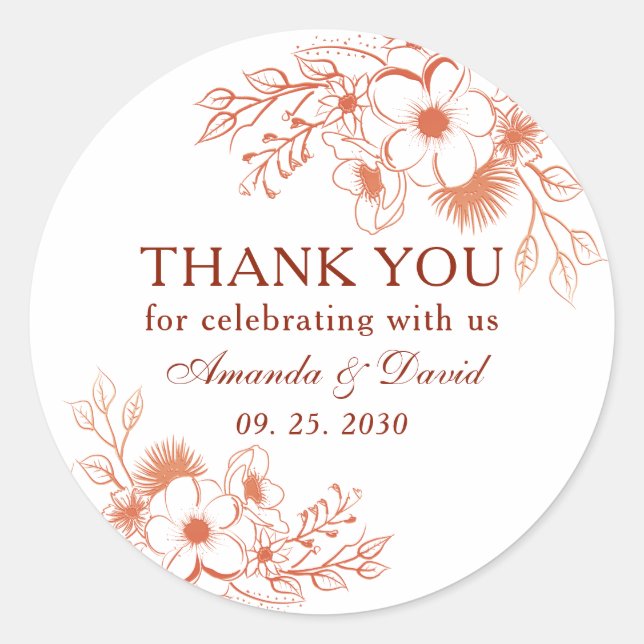 Peach Floral Wedding Thank You Classic Round Sticker (Front)