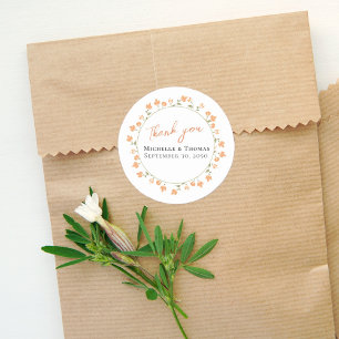 Peach Floral Wedding Thank You Custom Classic Round Sticker