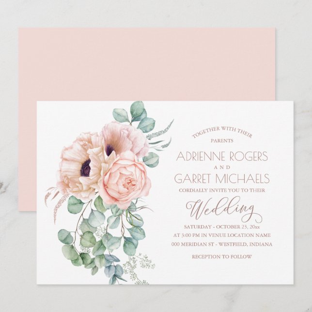Peach Floral With Eucalyptus Greenery Wedding Invitation (Front/Back)