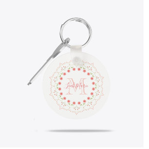 Peach Floral Wreath Monogram Personalized  Keychain