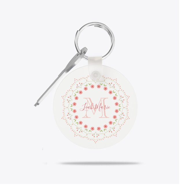 Peach Floral Wreath Monogram Personalized  Keychain (Peach floral wreath monogram keychain with blush flowers and custom initial name design.)