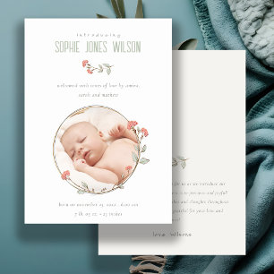 Peach Floral Wreath Photo Girl Birth Announcement 
