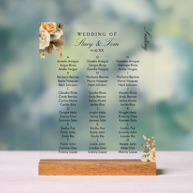 Peach Florals Elegant Wedding Seating Acrylic Sign (Neutral)