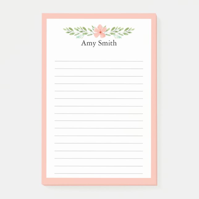 Peach Florals Personalized Lined Post-it Notes (Front)