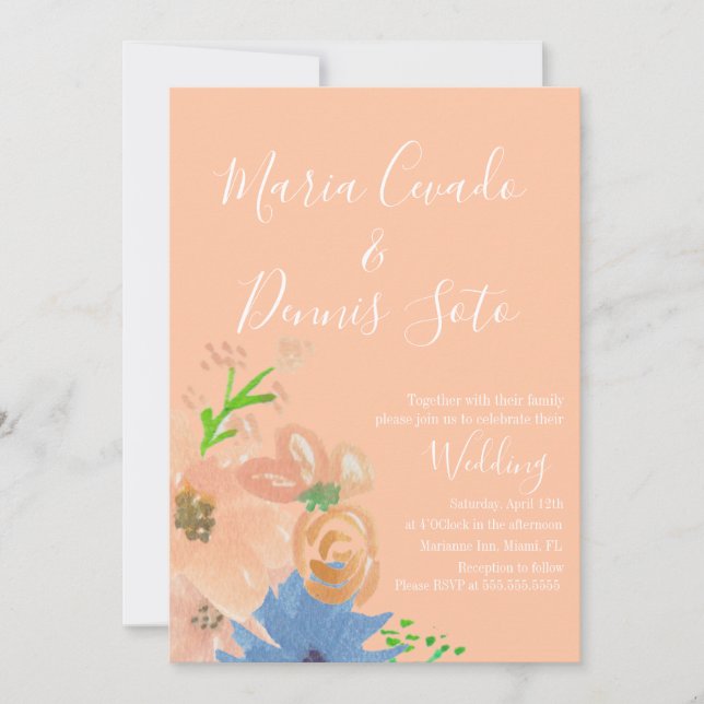 Peach Florals Script Wedding Bold Watercolor Invit Invitation (Front)
