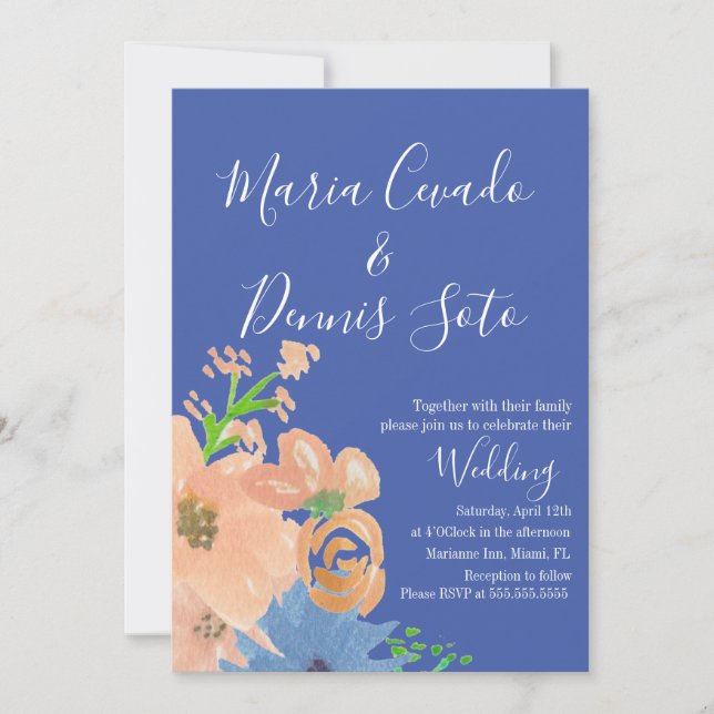 Peach Florals Script Wedding Bold Watercolor Invitation (Front)