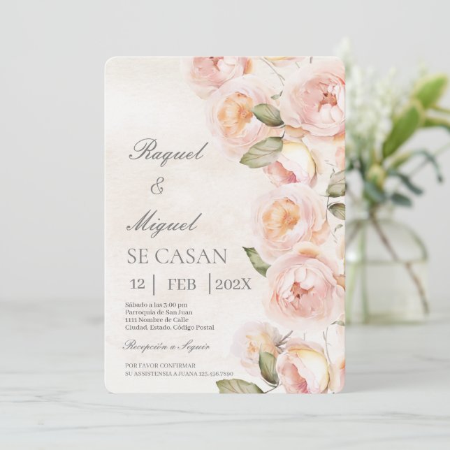 Peach flower beige Spanish Wedding Invitation (Standing Front)