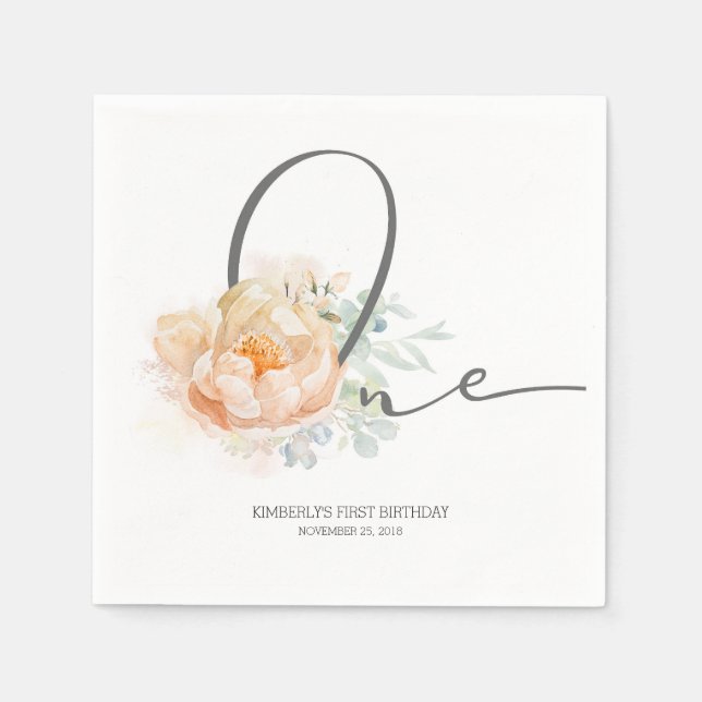 Peach Flower Cute 1st Birthday Party Napkin (Front)