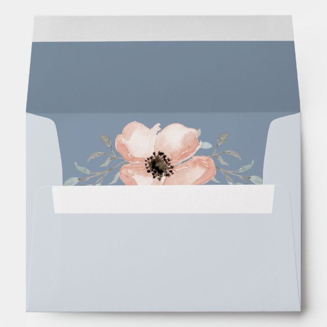 Peach Flower Greenery Dusty Blue Return Address Envelope (Back (Bottom))