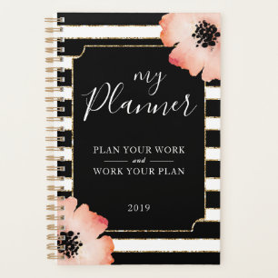 Peach Flower Strips Black White Gold Planner