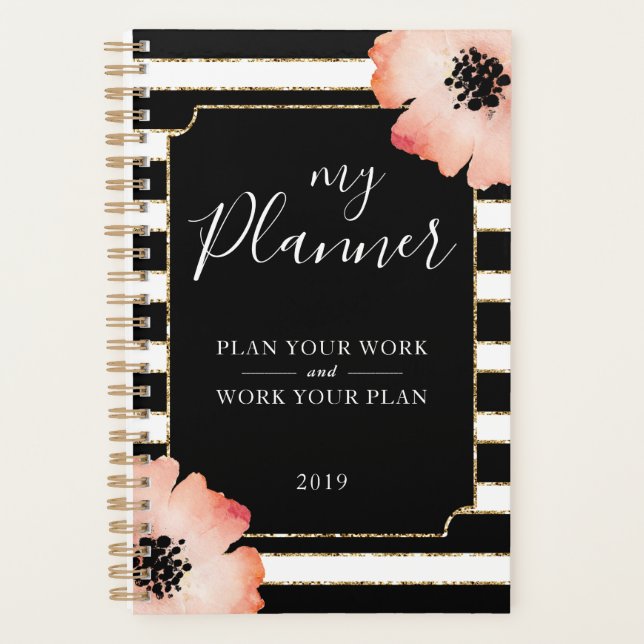 Peach Flower Strips Black White Gold Planner (Devant)